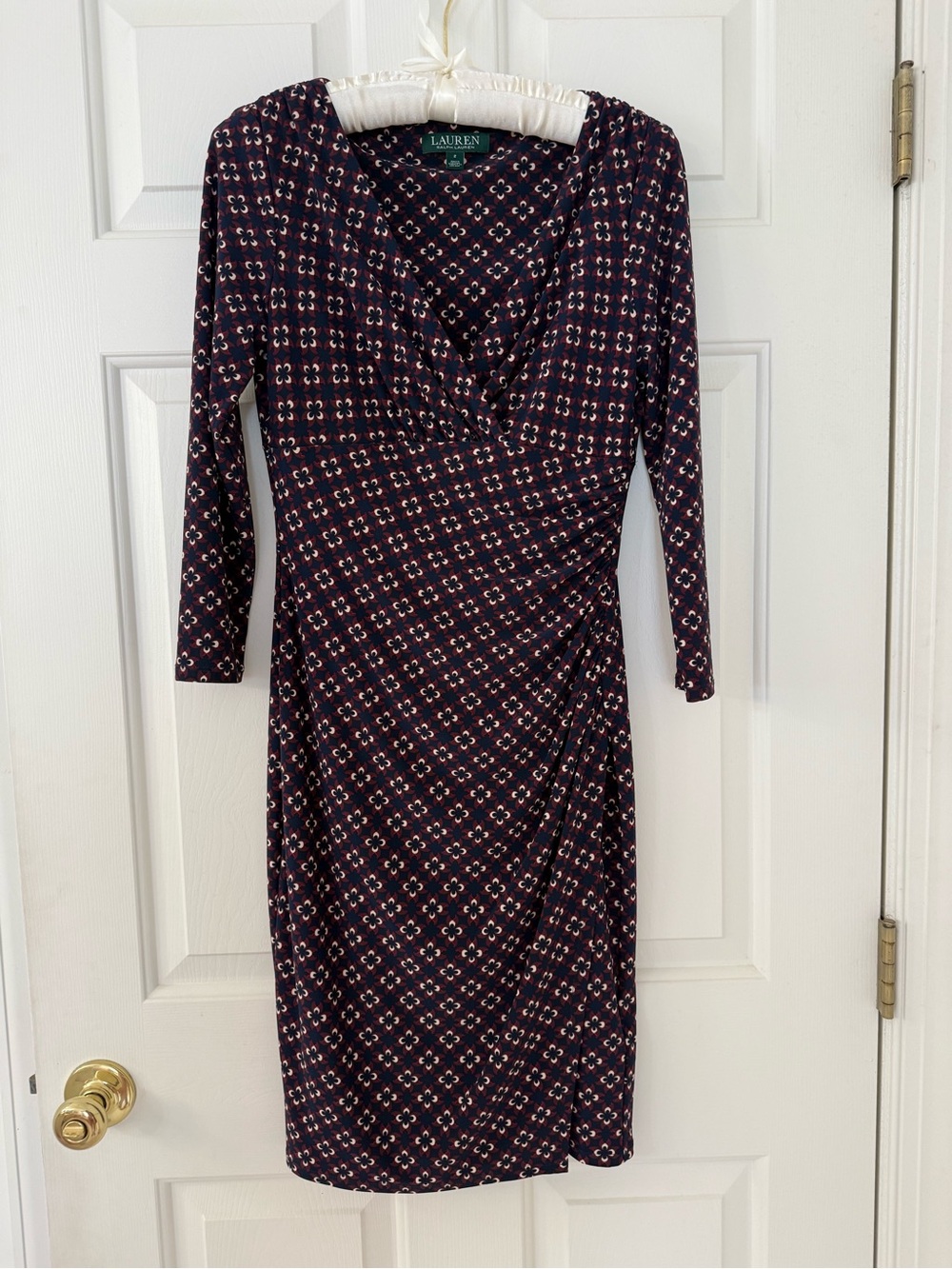 🦋Lauren Ralph Lauren Navy & Red Geometric Faux-Wrap Dress Stretchy EUC Size 2